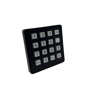 Black keypad with white numbers and symbols on a white background