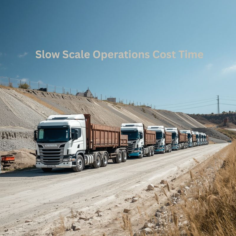 quarry trucks waiting in line backed up