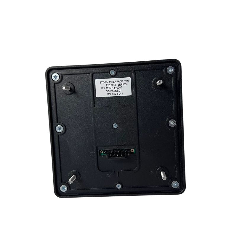 Back view of a black electronic device with screws and a label on a white background