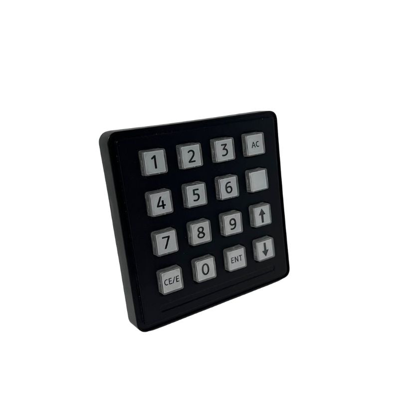 Black keypad with white numbers and symbols on a white background